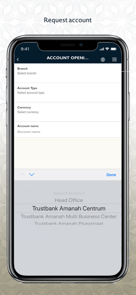 TrustbankAmanah Mobile Banking - Interface de l'application bancaire mobile TrustbankAmanah montrant le formulaire de demande d'ouverture de compte et la sélection de la succursale
