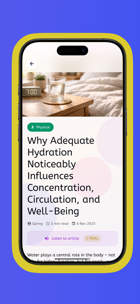 Spring for more healthy years - A health article in the Spring app about the benefits of hydration for concentration and physical well-being.