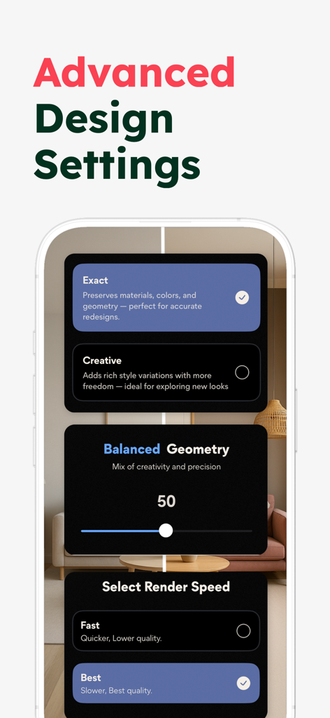 Restyle AI - Home Design - A mobile interface for the Restyle AI app showing advanced design settings including style variations and render speed options.
