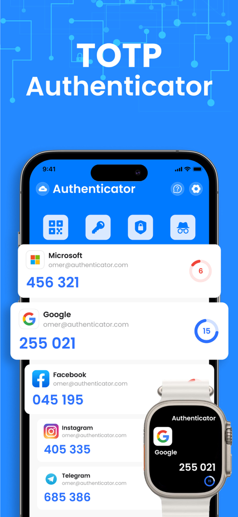 Authenticator App : Scan & 2FA - iPhone and Apple Watch displaying two factor authentication codes for Microsoft Google and social media accounts