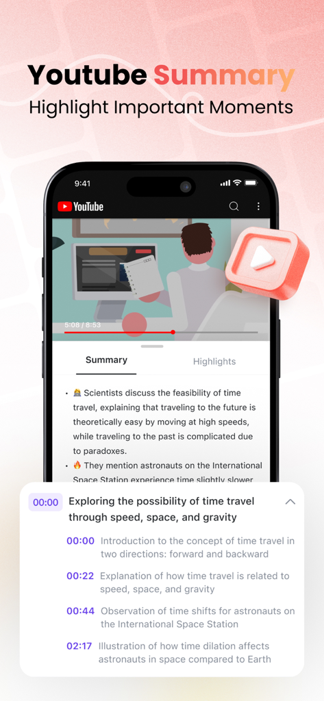 Interface do aplicativo Monica Search mostrando um resumo de vídeo do YouTube gerado por IA com destaques e carimbos de data/hora