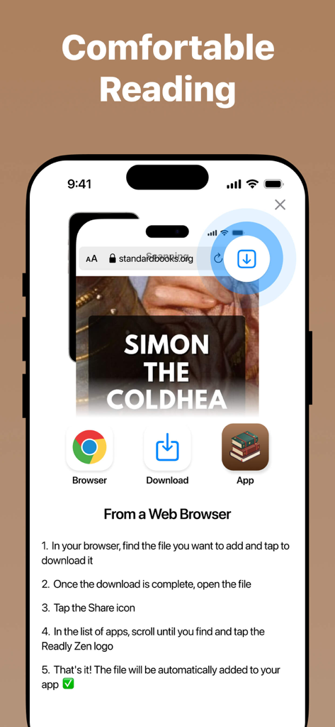 ePub Reader - eBook Viewer - Instructional screen showing how to download and import ebook files from a web browser into the app