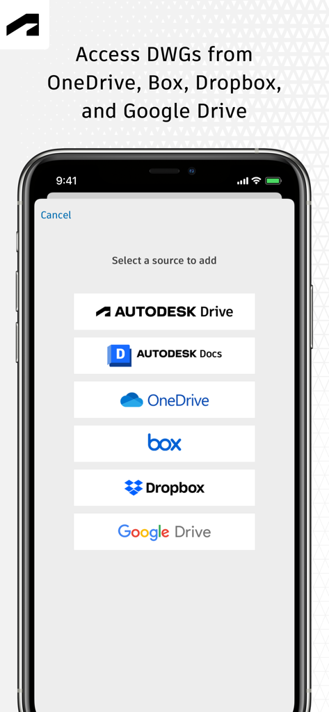 AutoCAD - AutoCADモバイルアプリの画面には、OneDrive、Dropbox、Google DriveなどのクラウドサービスからDWGファイルにアクセスするためのオプションが表示されています。