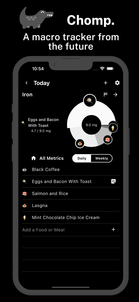 Chomp: Simple Macro Tracker - Panel de la app Chomp que muestra el progreso de la ingesta diaria de hierro y una lista de comidas registradas que incluyen huevos y salmón.