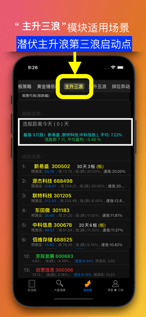Mobile app interface showing a list of stocks based on the main rising wave strategy