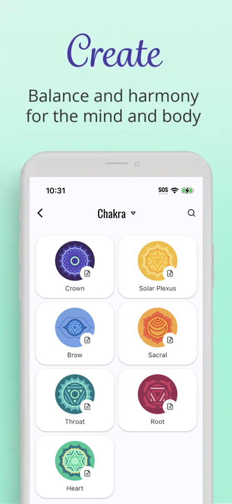 Screenshot of the Body Code System app showing chakra icons for balancing mind and body energy