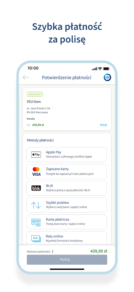 Mobile app interface showing various payment methods like Apple Pay and BLIK for an insurance policy in the mojePZU app.