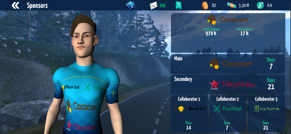 A screen from Live Cycling Manager 2024 showing a cyclist in a blue jersey and a list of team sponsors with payment details.