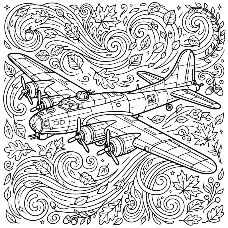 Experience the thrilling blend of aviation history and seasonal beauty with this unique coloring page. A majestic bomber aircraft takes center stage, surrounded by a captivating swirl of autumn leaves, perfect for a cozy fall coloring session.