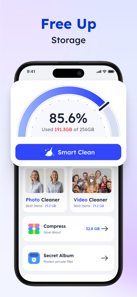 Junk Cleaner - AI Clean Up - Mobile app interface showing storage usage gauge and a smart clean button to free up iPhone space
