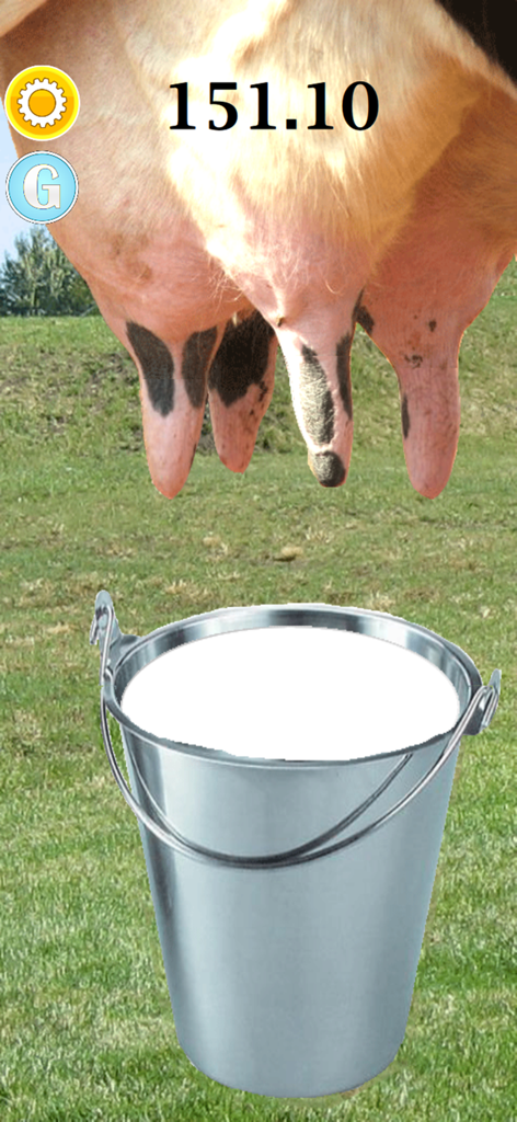 Farm Milk The Cow - A cow udder and a metal bucket filled with milk in a farm field simulation.