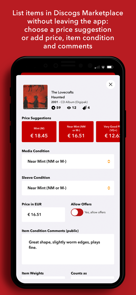 Discographic for Discogs - Interfaccia dell'app Discographic che mostra le opzioni per mettere in vendita un album musicale sul Marketplace di Discogs con suggerimenti sui prezzi e valutazione delle condizioni.