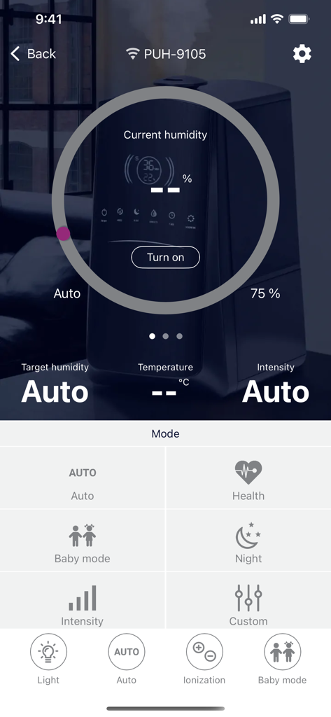 POLARIS IQ Home app interface showing smart humidifier control and health modes