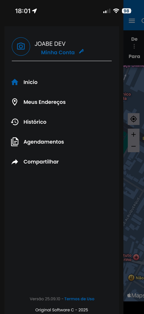 Coopertaxi MS - Menu lateral do aplicativo Coopertaxi MS mostrando opções de navegação como início, endereços, histórico e horários