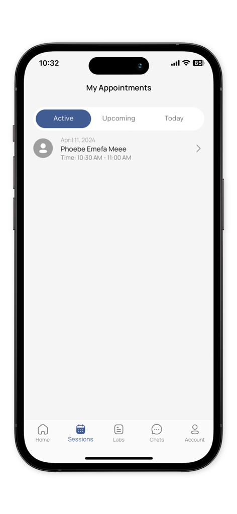 My.Doctor - Bildschirm Meine Termine in der My.Doctor-App, der eine aktive Sitzung mit einem Patienten anzeigt