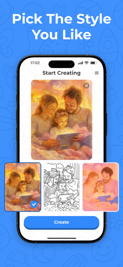 Sketchfy: Coloring Book Maker - 가족 사진을 수채화 또는 흑백 라인 아트와 같은 다양한 예술 스타일로 변환하는 옵션을 보여주는 스마트폰 인터페이스.