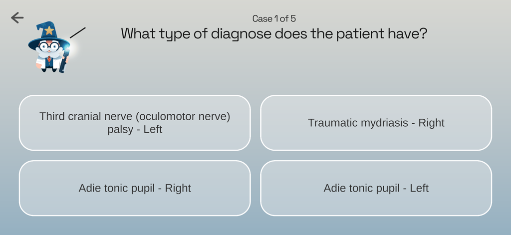 Pupil Wizard - Una pantalla de cuestionario de opción múltiple en la aplicación Pupil Wizard que pide al usuario que identifique un diagnóstico pupilar.