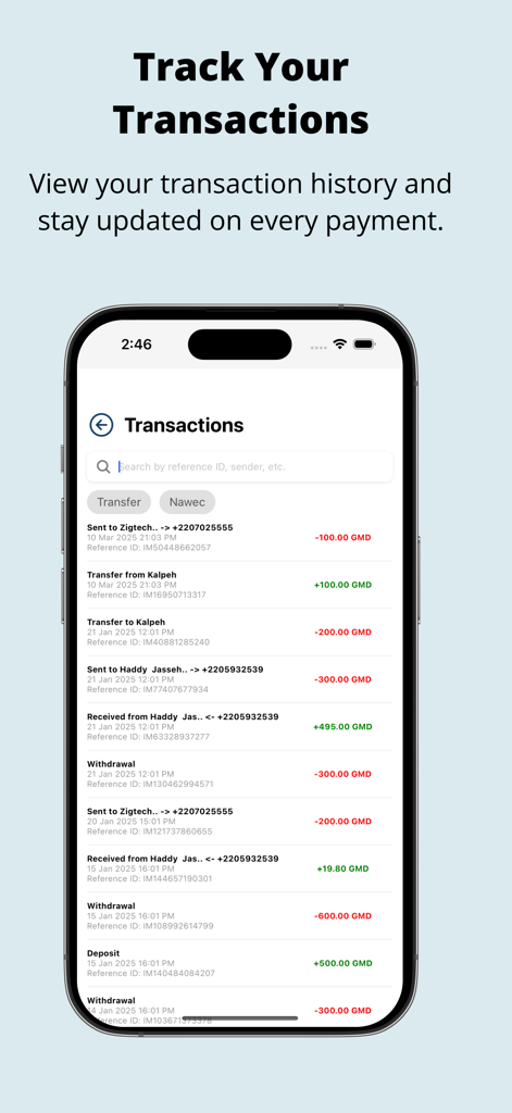 Una pantalla móvil de la aplicación MSJ Wallet que muestra una lista detallada del historial de transacciones con pagos y transferencias en Dalasi gambiano.