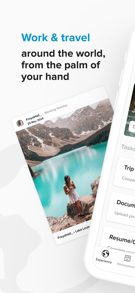 Global Work & Travel - Pantalla de smartphone que muestra la app Global Work and Travel con una foto de viaje y opciones de gestión de viaje
