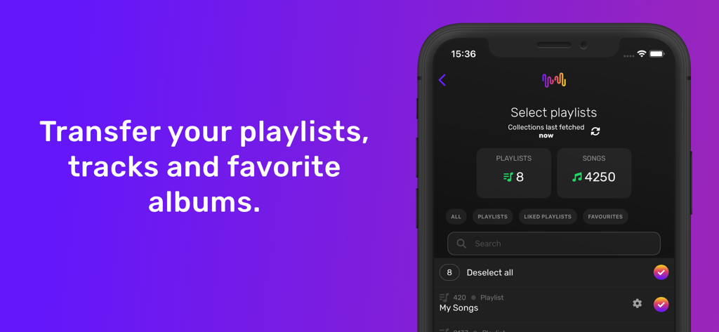 FreeYourMusic - Interface do aplicativo FreeYourMusic mostrando a seleção de playlists e músicas para transferência em um fundo roxo