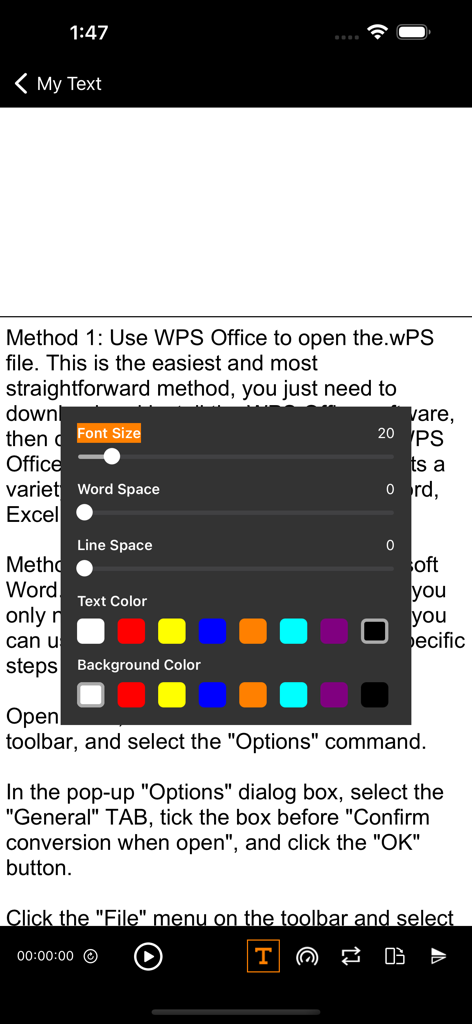 FEELWORLD - Interfaccia dell'app FEELWORLD che mostra le impostazioni di personalizzazione dello script per dimensioni del carattere, spaziatura e colori