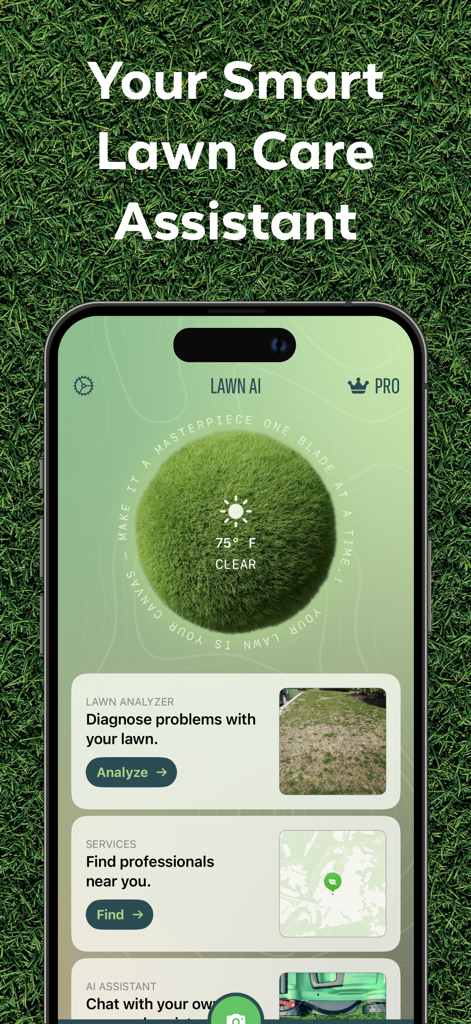 Lawn AI: Yard And Grass Care - Interfaz del smartphone de la aplicación Lawn AI que muestra herramientas de diagnóstico de césped y servicios locales.