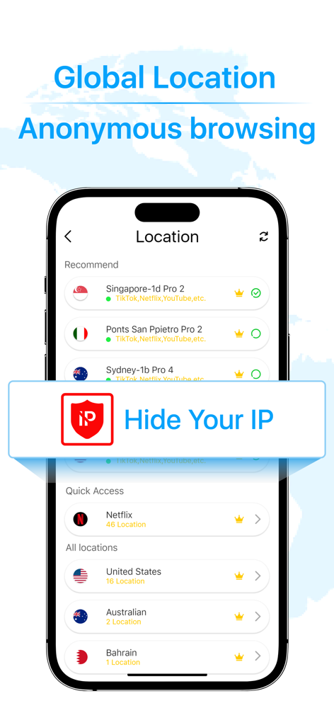 Smartphone screen showing global VPN server locations for anonymous browsing and hiding IP address
