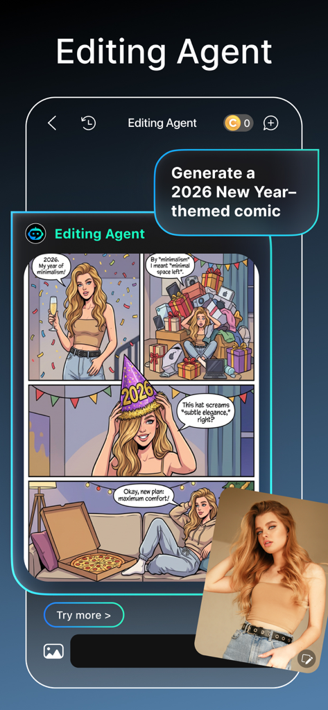 A photo of a woman transformed into a multi-panel comic strip using the YouCam Perfect AI Editing Agent