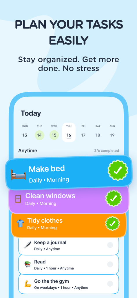Dear Me: Daily Routine Tracker - Une interface mobile de l'application Dear Me montrant une liste de contrôle de routine quotidienne avec des tâches accomplies comme faire le lit et nettoyer les fenêtres.