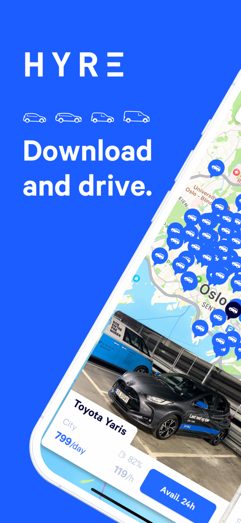 Hyre car sharing app interface showing available vehicles on a map and rental rates