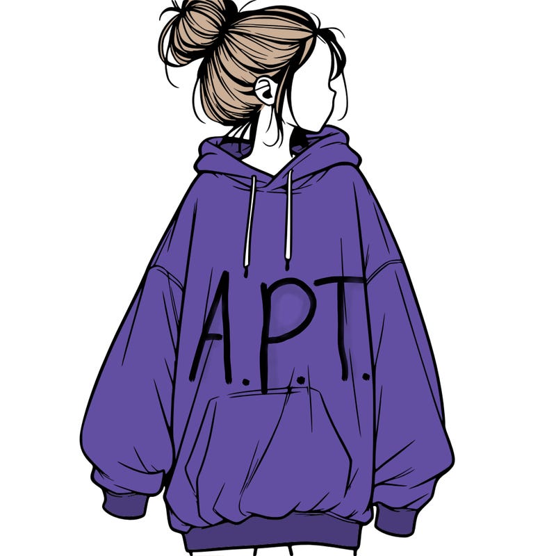 realistic girl with a oversized sweatshirt on and a bun