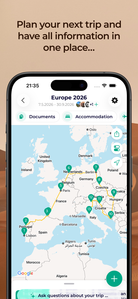 Lambus | Travel Planner - Tela do aplicativo planejador de viagens Lambus exibindo um mapa de roteiro da Europa com marcadores de destino