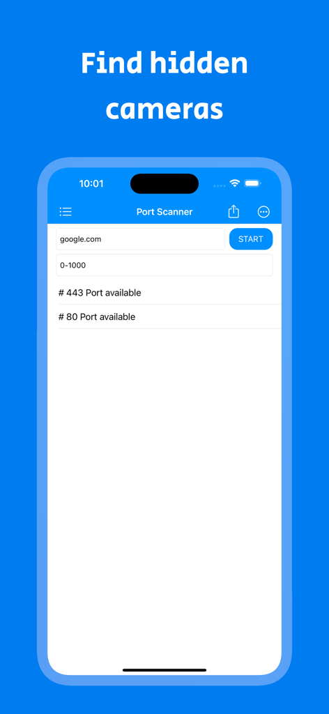 WiFi Tools app interface showing a port scanner tool with the heading Find hidden cameras.