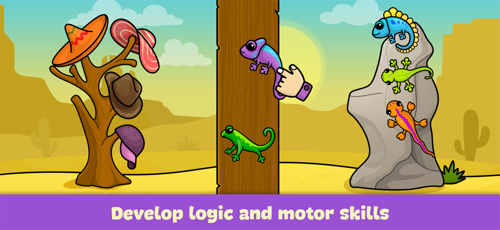 子供の論理と運動能力の発達を助ける、カラフルなカメレオンと帽子が登場する幼児向けアプリの砂漠をテーマにした教育画面