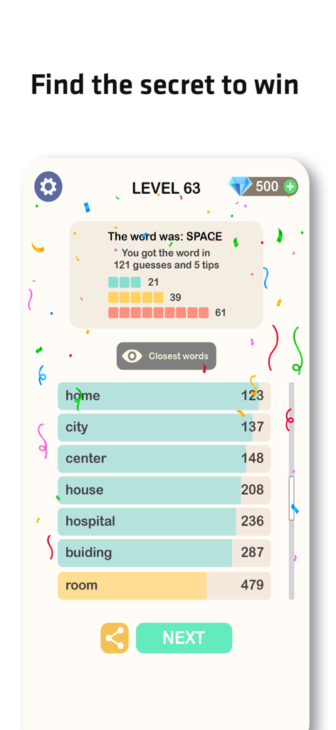 Contexto - Word Guess - Contexto Word Guess victory screen for level 63 showing the secret word SPACE and semantic ranking results.
