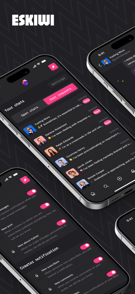 Eskiwi - Screenshots der Eskiwi-App, die die Chat-Oberfläche und die Benachrichtigungseinstellungen des Erstellers zeigen