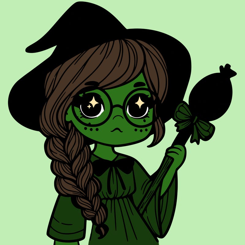 a witch with a braid and two glasses
