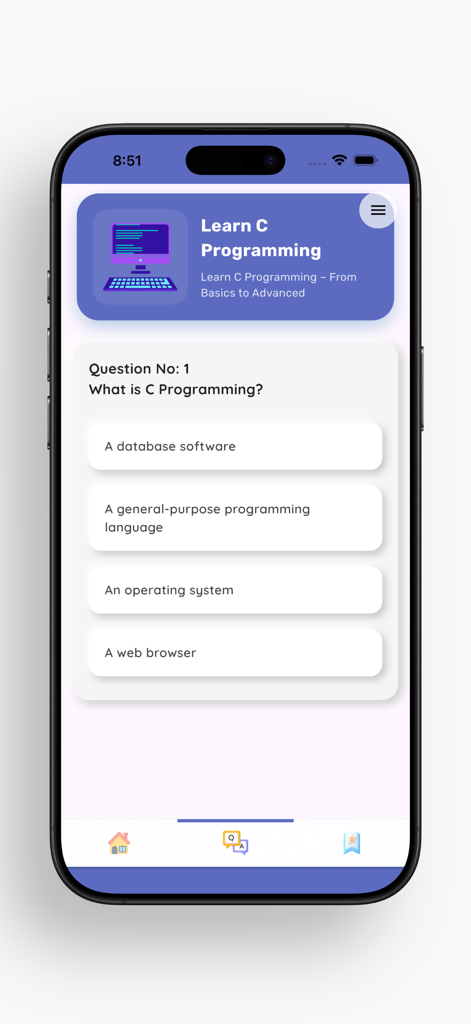 Learn C Programming - Guide - Pantalla de la aplicación móvil que muestra una pregunta de cuestionario de programación C con opciones de respuesta múltiple