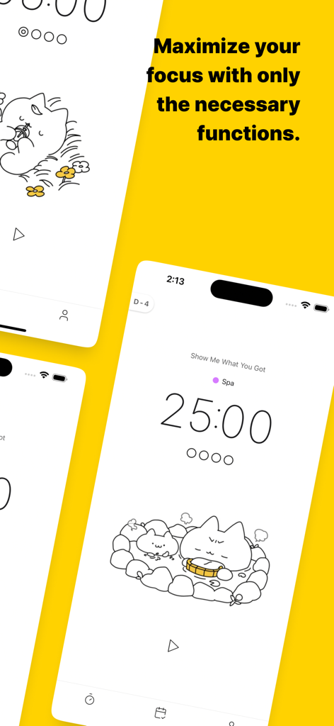 Pomocat - Adorable Focus Timer - Minimalist Pomodoro timer interface of Pomocat app featuring cute cat illustrations