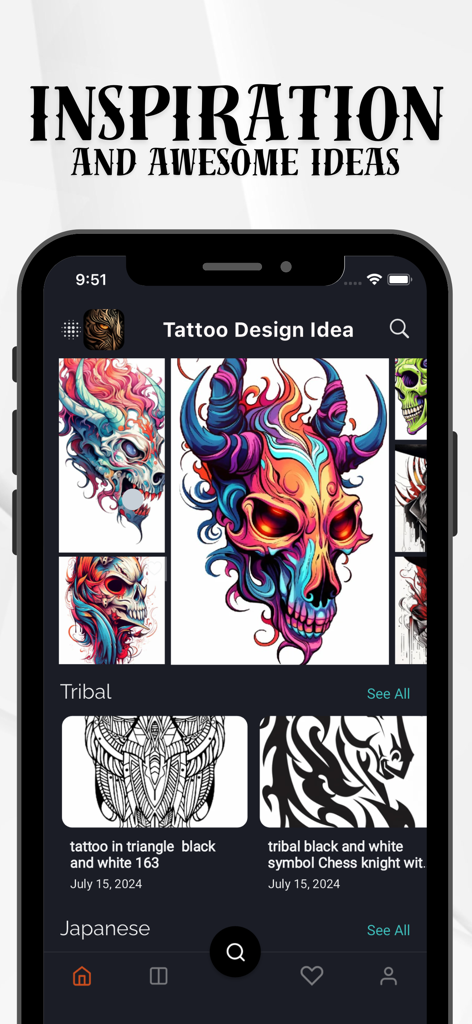 Tattoo Design AR Art Drawing - Tattoo app interface showing a gallery of skull and tribal tattoo design ideas