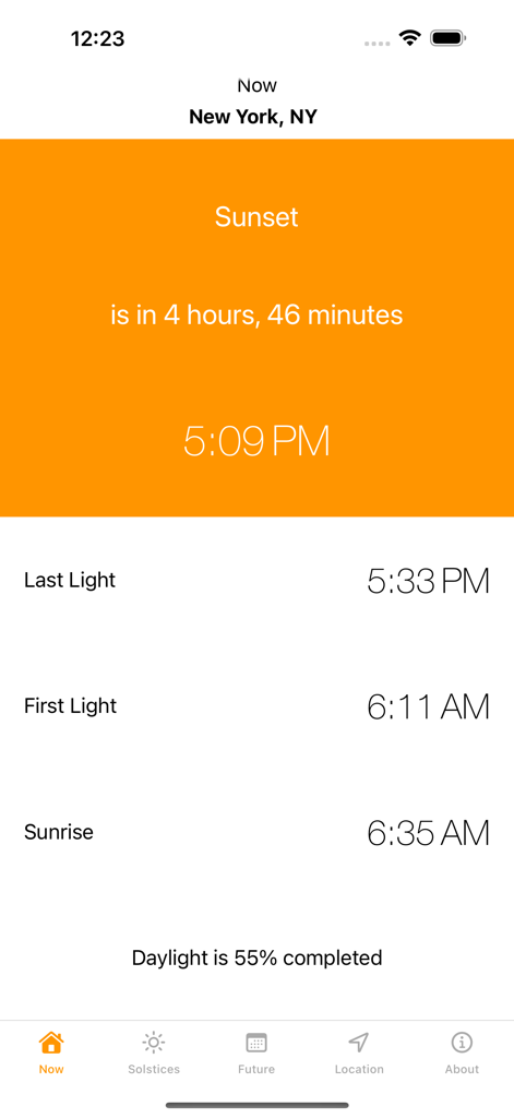 Sunrise Sunset Times - A screenshot of the Sunrise Sunset Times app dashboard showing a sunset countdown and daylight completion percentage for New York