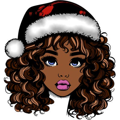 realistic girl with a santa hat curly hair and lips