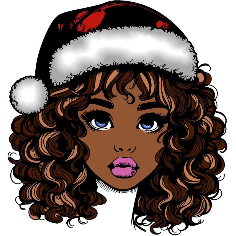 realistic girl with a santa hat curly hair and lips