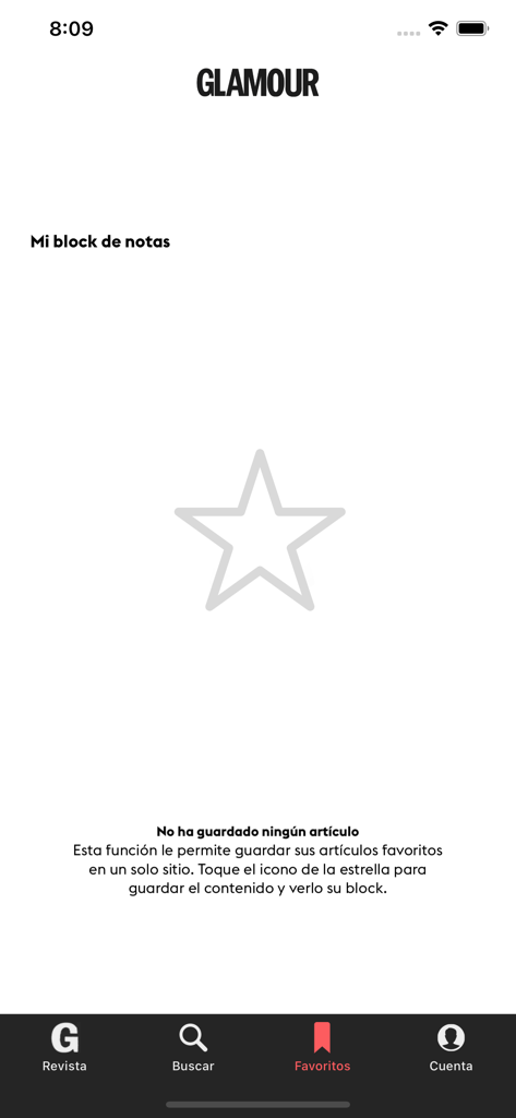 Glamour España - Pantalla de favoritos de la aplicación Glamour España que muestra el bloc de notas de artículos guardados vacío.