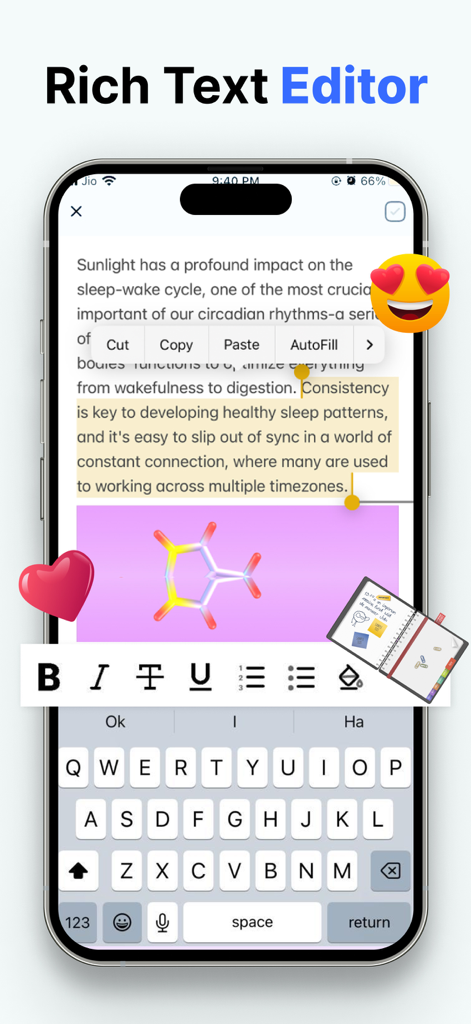 Notebook : AI Voice Note Taker - iPhone interface of the Notebook AI app showcasing the rich text editor with text highlighting and formatting tools