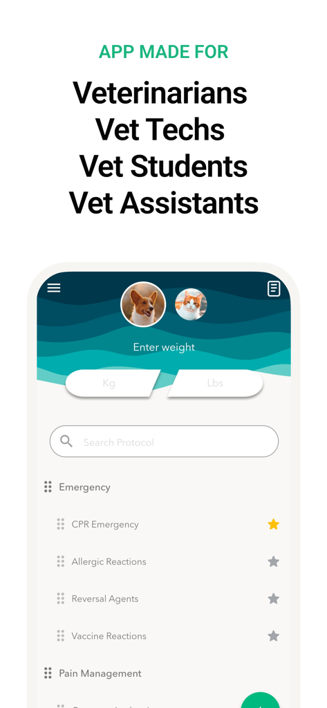 Vet Easy app screenshot showing medical protocols for veterinary professionals