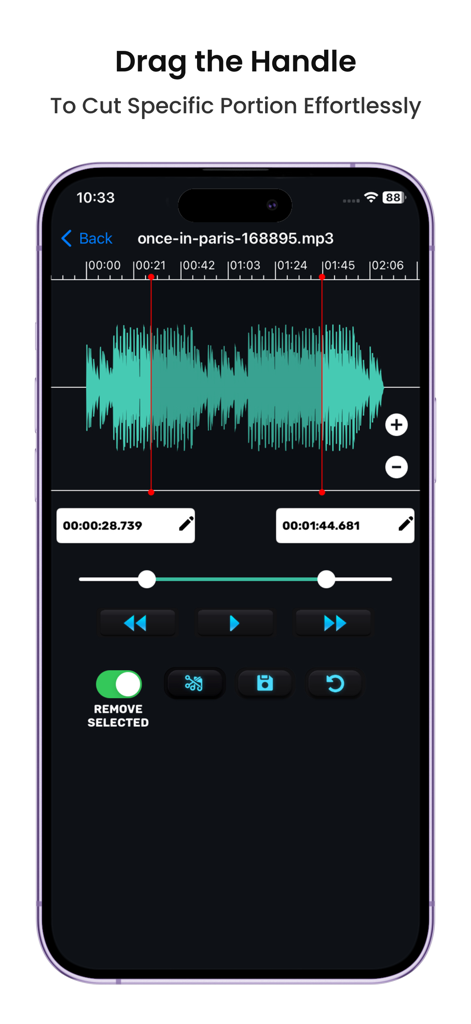 A mobile app interface displaying a waveform editor for trimming and cutting audio files on an iPhone