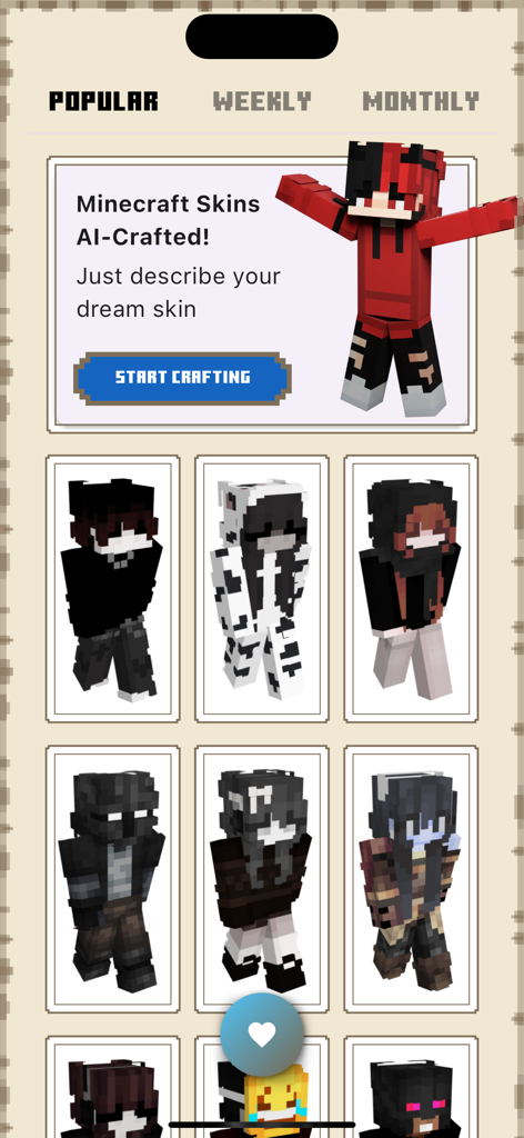 A selection of popular and AI-crafted Minecraft skins in the Skin Hub mobile app.