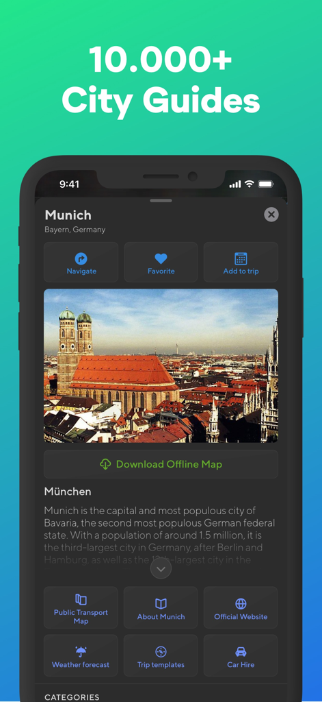 Tripomatic app screen showing a Munich city guide with offline map download and travel planning features.