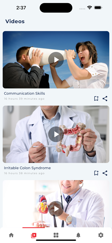 Nexus App - Nexus app interface showing a list of medical educational videos on topics like Communication Skills and Irritable Colon Syndrome.
